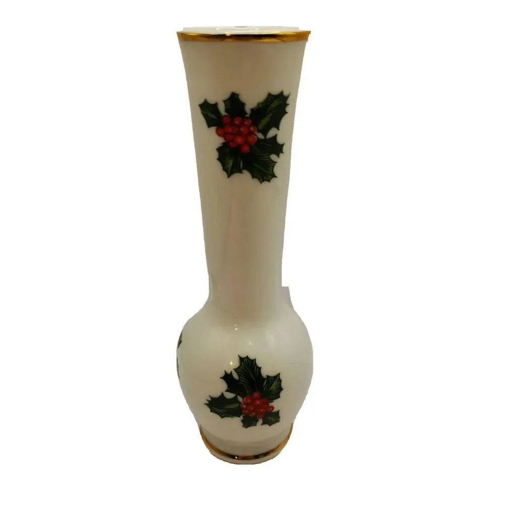 Lefton China Holly Christmas Bud Vase 6 1/2